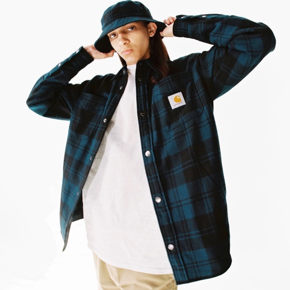 Carhartt Other - Carhartt WIP PULLFORD Shirt Jacket Shaket  Teal Plaid Snap Buttons Fleece size L